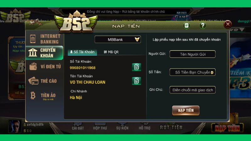 Hướng dẫn nạp tiền B52 bằng ngân hàng